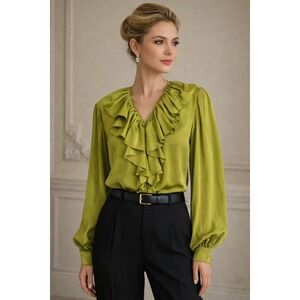 Lew Magram Green Silk Ruffle Blouse Size L Romantic Boho Poet Top Glam Luxe